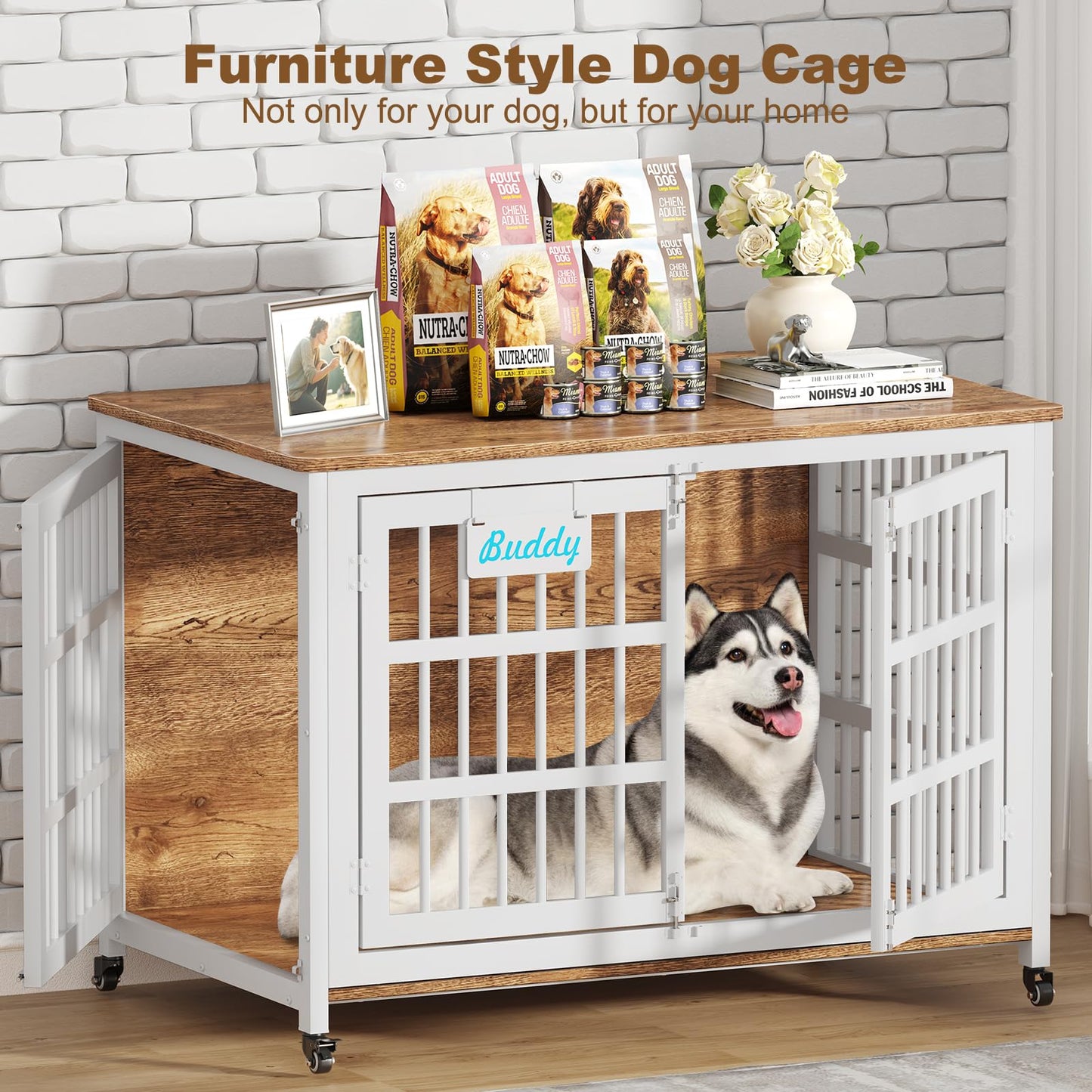 POAO 48"XXL Heavy Duty Dog Crate Furniture with Casters, Dog Kennel Indoor for Large Dogs, Escape-Proof and Chew-Proof Dog Cage for high Anxiety Dog
