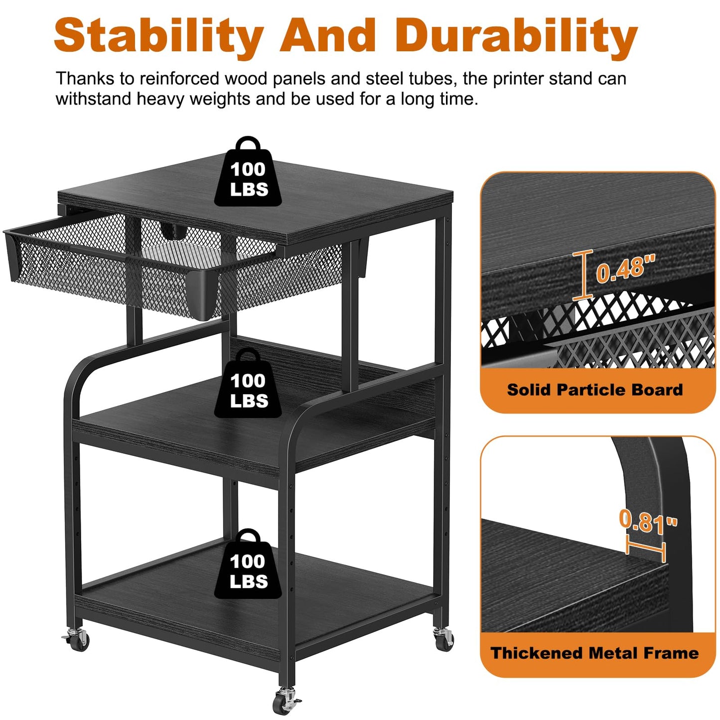 POAO Large Printer Stand with Storage Drawer,3-Tier Rolling Cart with Industrial Wheels for Desk, 5 Adjustable Shelf Mobile Printer Table,Black