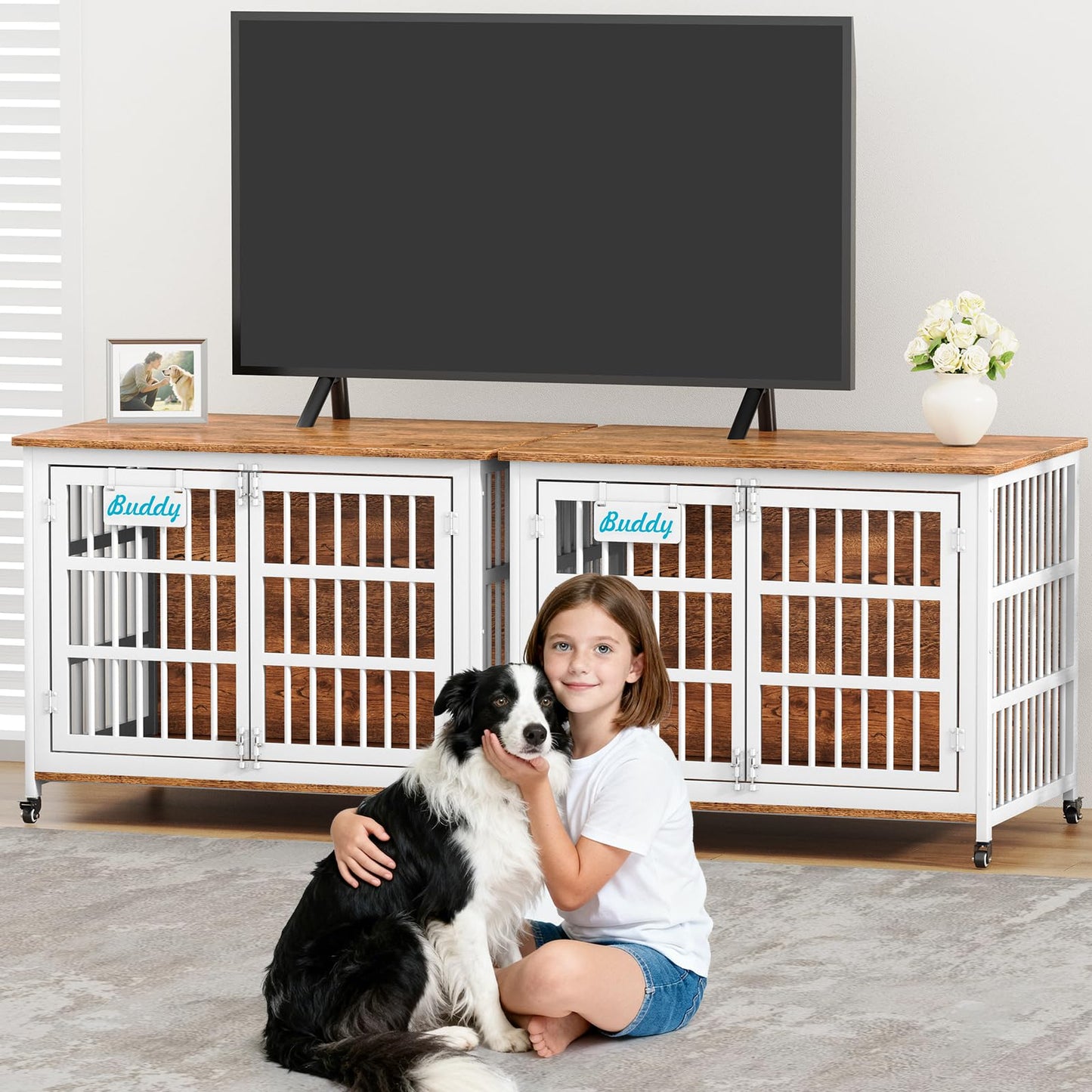 POAO 42"XL Heavy Duty Dog Crate Furniture with Casters, Dog Kennel Indoor for Large and Medium Dogs, Double-Doors Sturdy Dog Cage for Anxiety Dog