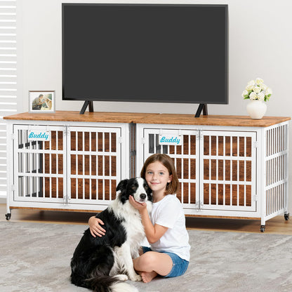 POAO 42"XL Heavy Duty Dog Crate Furniture with Casters, Dog Kennel Indoor for Large and Medium Dogs, Double-Doors Sturdy Dog Cage for Anxiety Dog