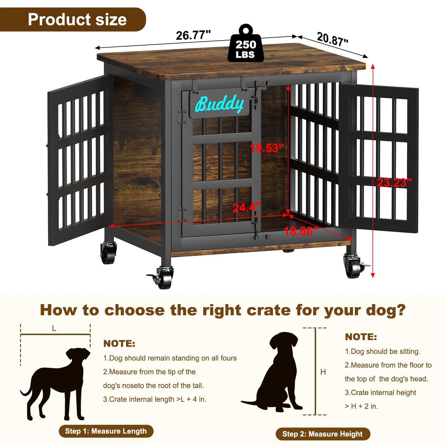 POAO 27"Dog Crate Furniture with Name Tag,Heavy Duty Dog Kennel Indoor for Small Dogs,Double-Door Sturdy Furniture Style End Table for Anxiety Dog