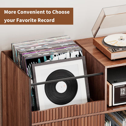 POAO 31"Record Player Stand with Power Outlets & LED Lights, Record Player Table Cabinet with Vinyl Record Storage Holds up to 300 Albums, Turntable Stand for Living Room, Bedroom