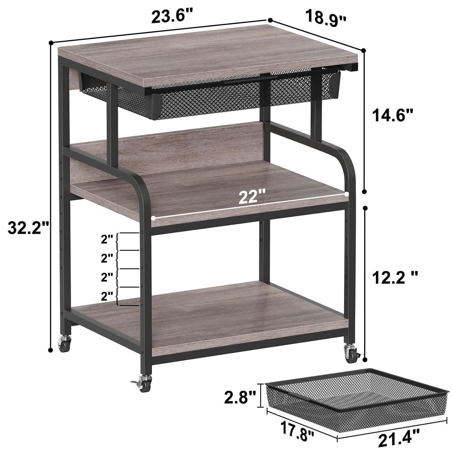 POAO Extra Large Printer Stand with Drawer, 5-Adjustable Heights 3 Tier Table with Wheels, Rolling Printer Cart with Storage,Home Office Use