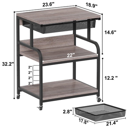 POAO Extra Large Printer Stand with Drawer, 5-Adjustable Heights 3 Tier Table with Wheels, Rolling Printer Cart with Storage,Home Office Use