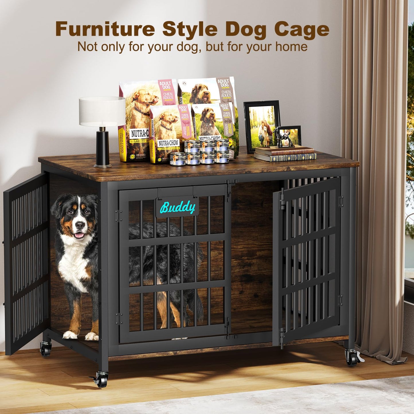 POAO 46.06"L Wooden Dog Crate Furniture,Double Doors Kennel Indoor with Name Tag,Sturdy Metal Dog Cage for Anxiety Dog for Decoration,Brown