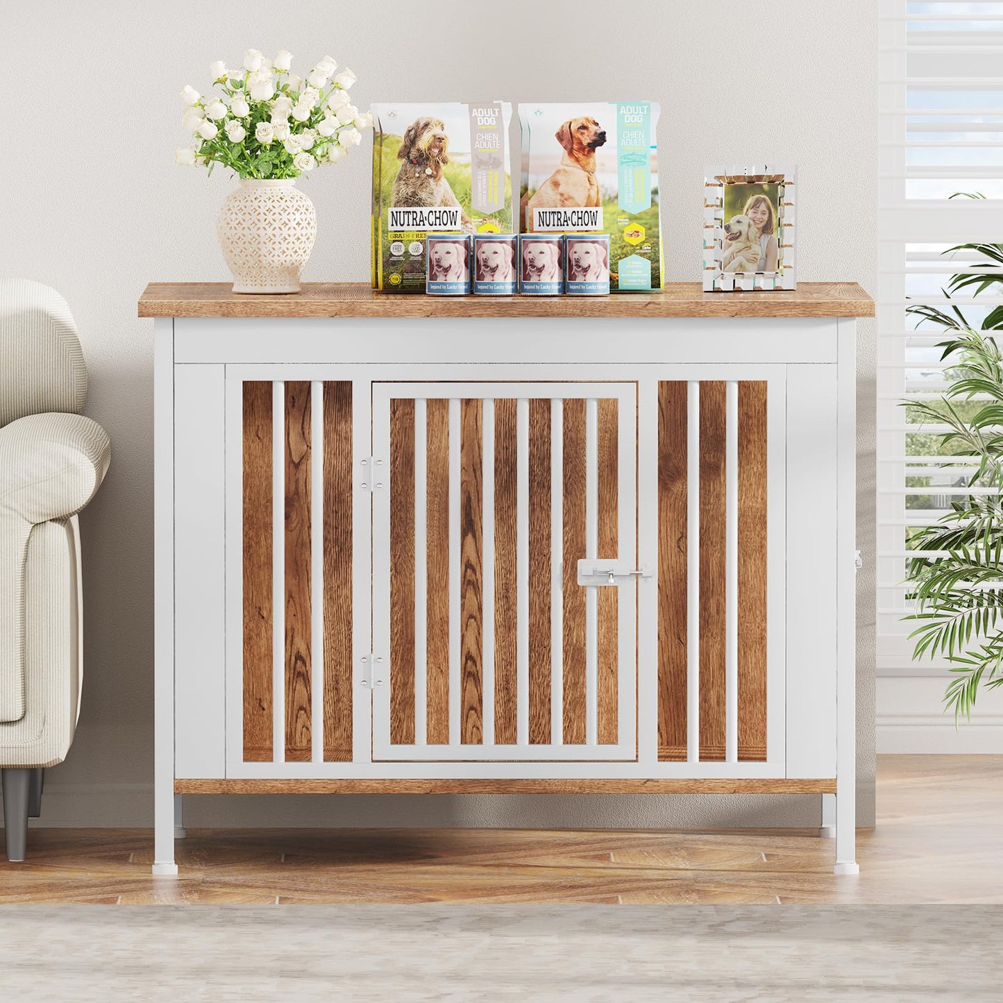 POAO Dog Crate Furniture for Large Dog, Heavy Duty Dog Crates for Large Dogs, Dog Kennel Furniture Indoor as TV Stand, Large Size 39.96" L(35-60 Pounds), White