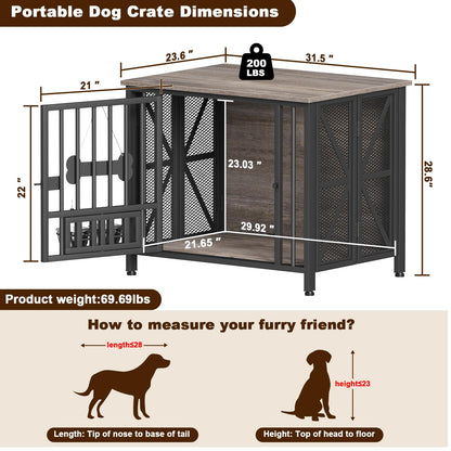POAO 31.5"Assembly-Free Dog Crate Furniture for Small Dog, Foldable Dog Kennel Indoor with Tag &Adjustable Dog Bowls, Wooden Dog Cage,End Table