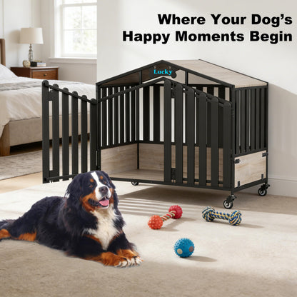 POAO 48"Heavy Duty Dog Crate Furniture for Large Dogs(Over 60lb), Dog Kennel Indoor with 360° Wheels, Dog House with Feeding Window and Name Tag