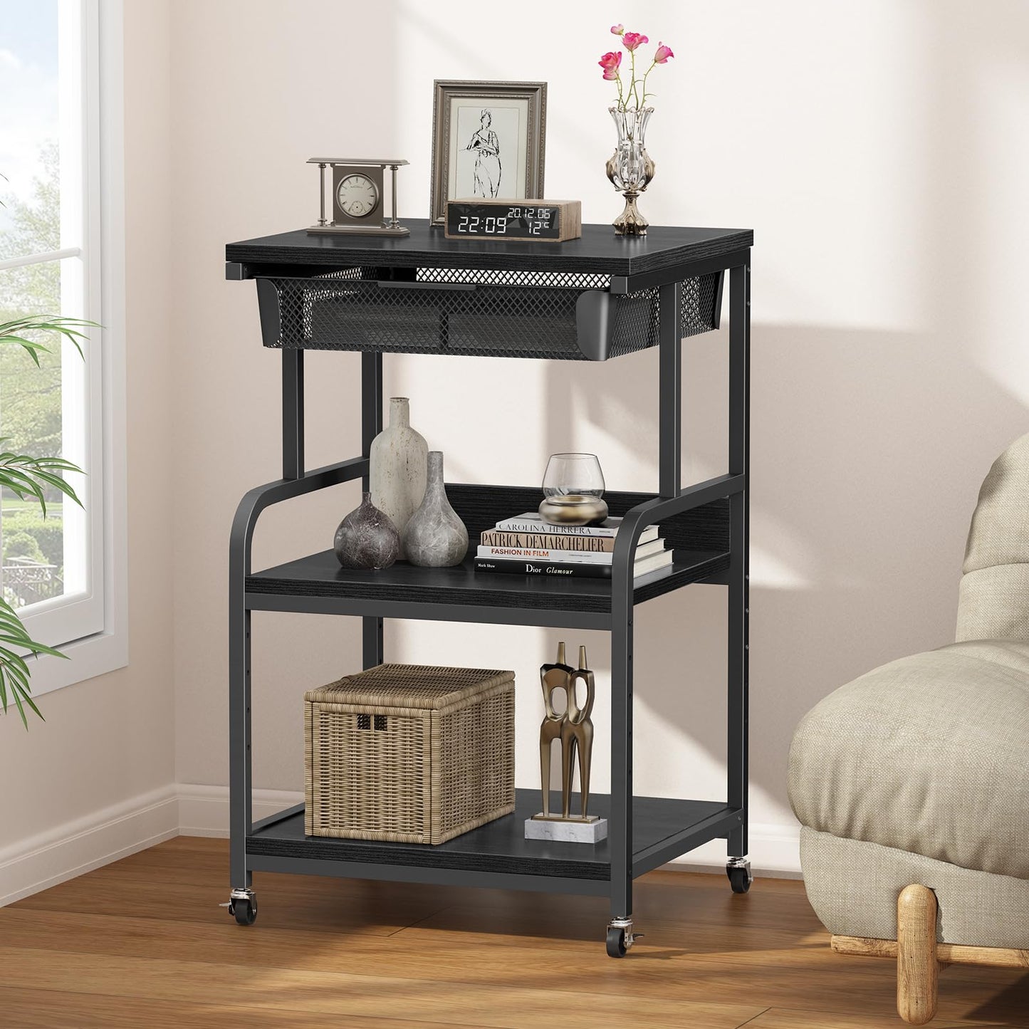 POAO Large Printer Stand with Storage Drawer,3-Tier Rolling Cart with Industrial Wheels for Desk, 5 Adjustable Shelf Mobile Printer Table,Black