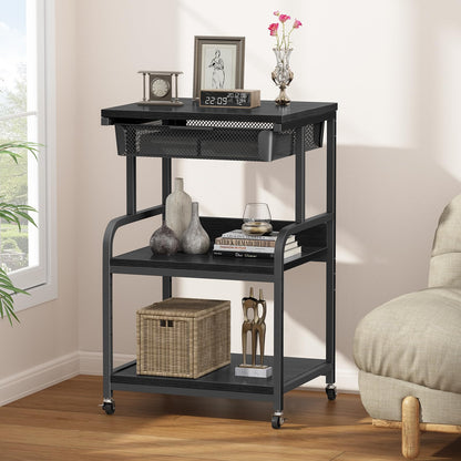 POAO Large Printer Stand with Storage Drawer,3-Tier Rolling Cart with Industrial Wheels for Desk, 5 Adjustable Shelf Mobile Printer Table,Black