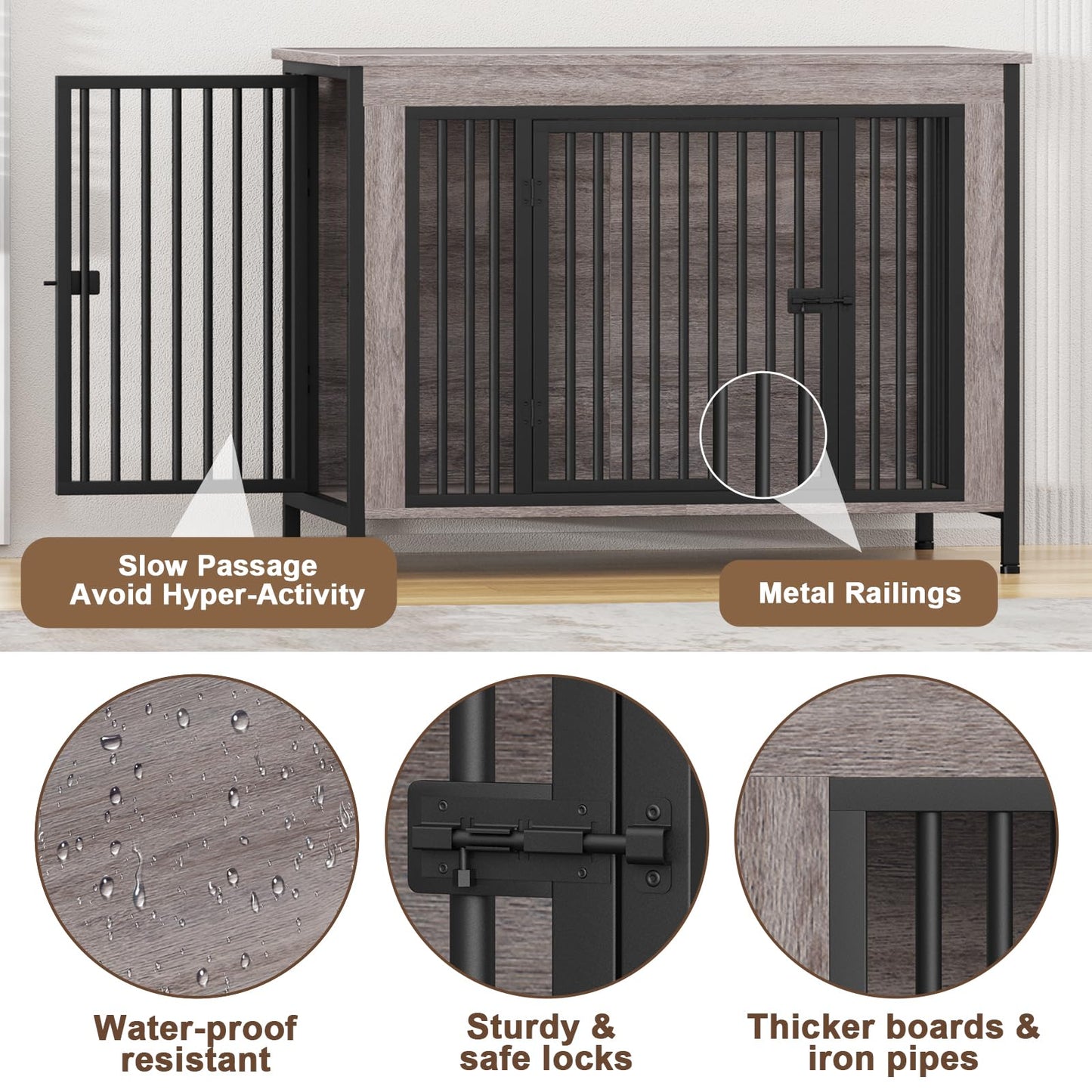 POAO 47.24" L Dog Crate Furniture for Dog, Heavy Duty Dog Crate for Large Dog(65-92 Pounds), Dog Kennel Furniture Indoor as TV Stand, Oak Grey