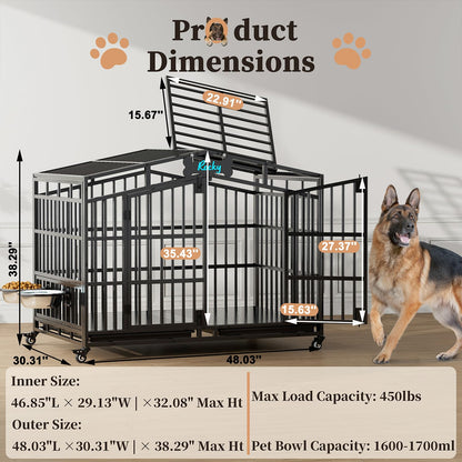 POAO 48"Heavy Duty Indestructible Dog Crate, Extra Large Metal Dog Kennel with 2 Adjustable Bowls, Open Top & Lockable Wheels, Escape Proof Indoor Cage for High Anxiety Big XL Dogs