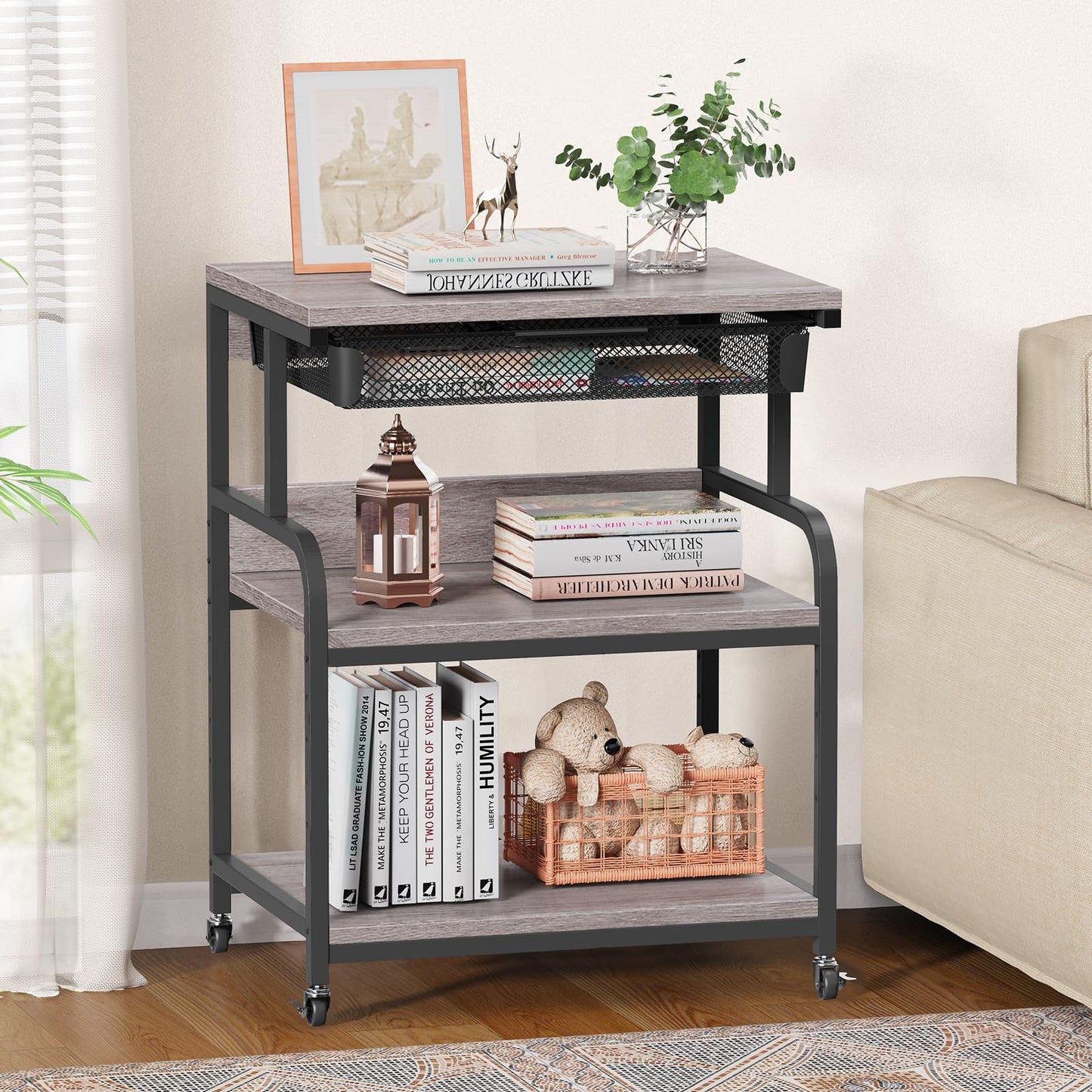 POAO Extra Large Printer Stand with Drawer, 5-Adjustable Heights 3 Tier Table with Wheels, Rolling Printer Cart with Storage,Home Office Use