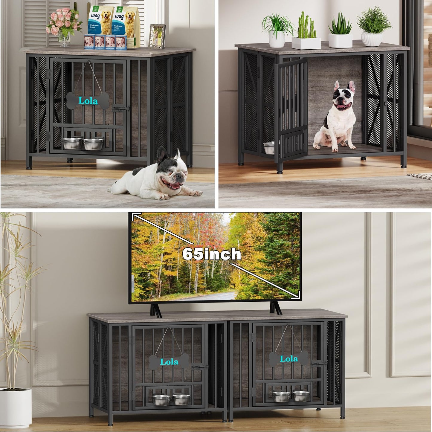 POAO 31.5"Assembly-Free Dog Crate Furniture for Small Dog, Foldable Dog Kennel Indoor with Tag &Adjustable Dog Bowls, Wooden Dog Cage,End Table