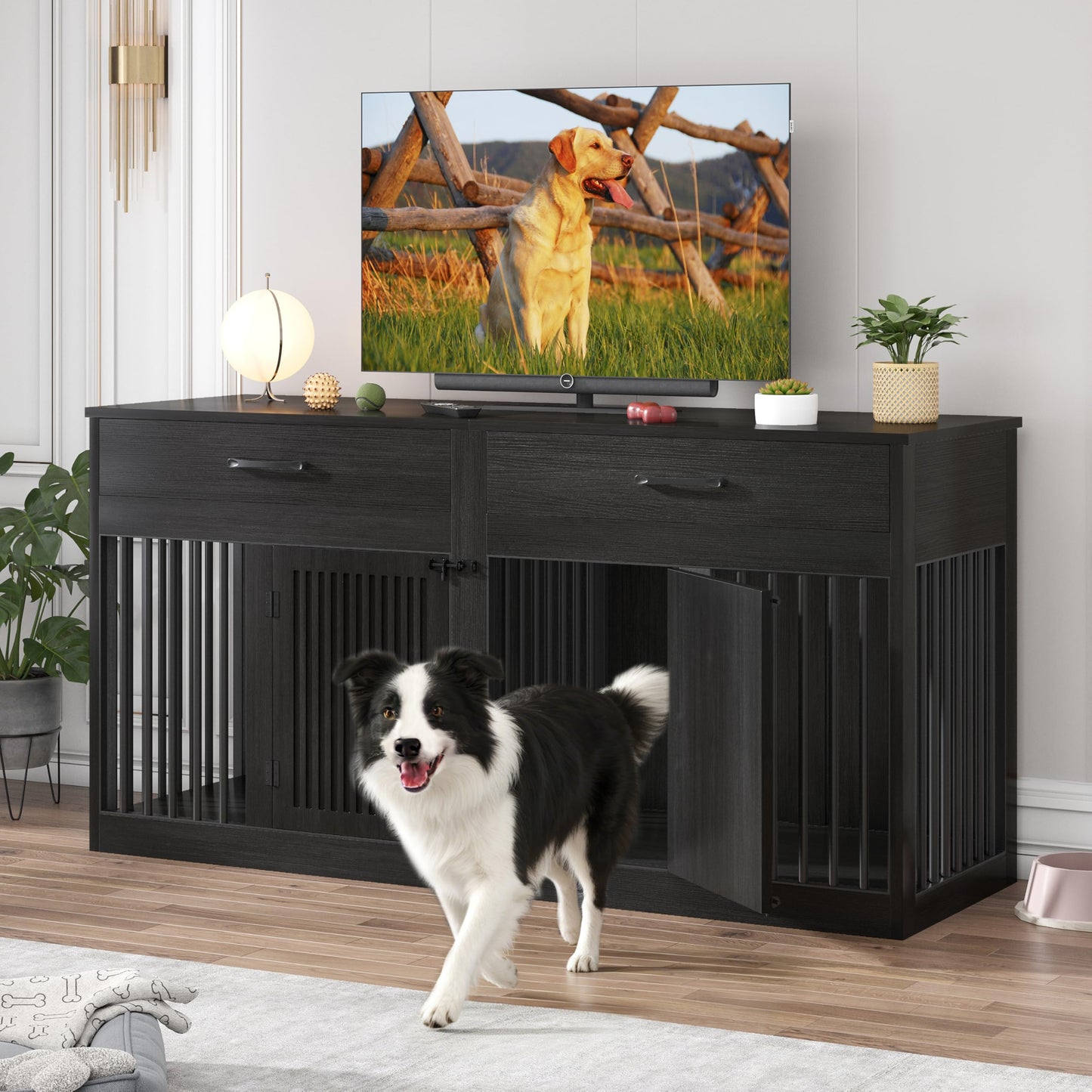 POAO 72" Double Dog Crate Furniture, Heavy Duty Dog Kennel for 2 Large Dogs, Wooden Dog Cage w Two Big Drawers&Removable Divider, Decorative Dog House as TV Stand, Dark Grey