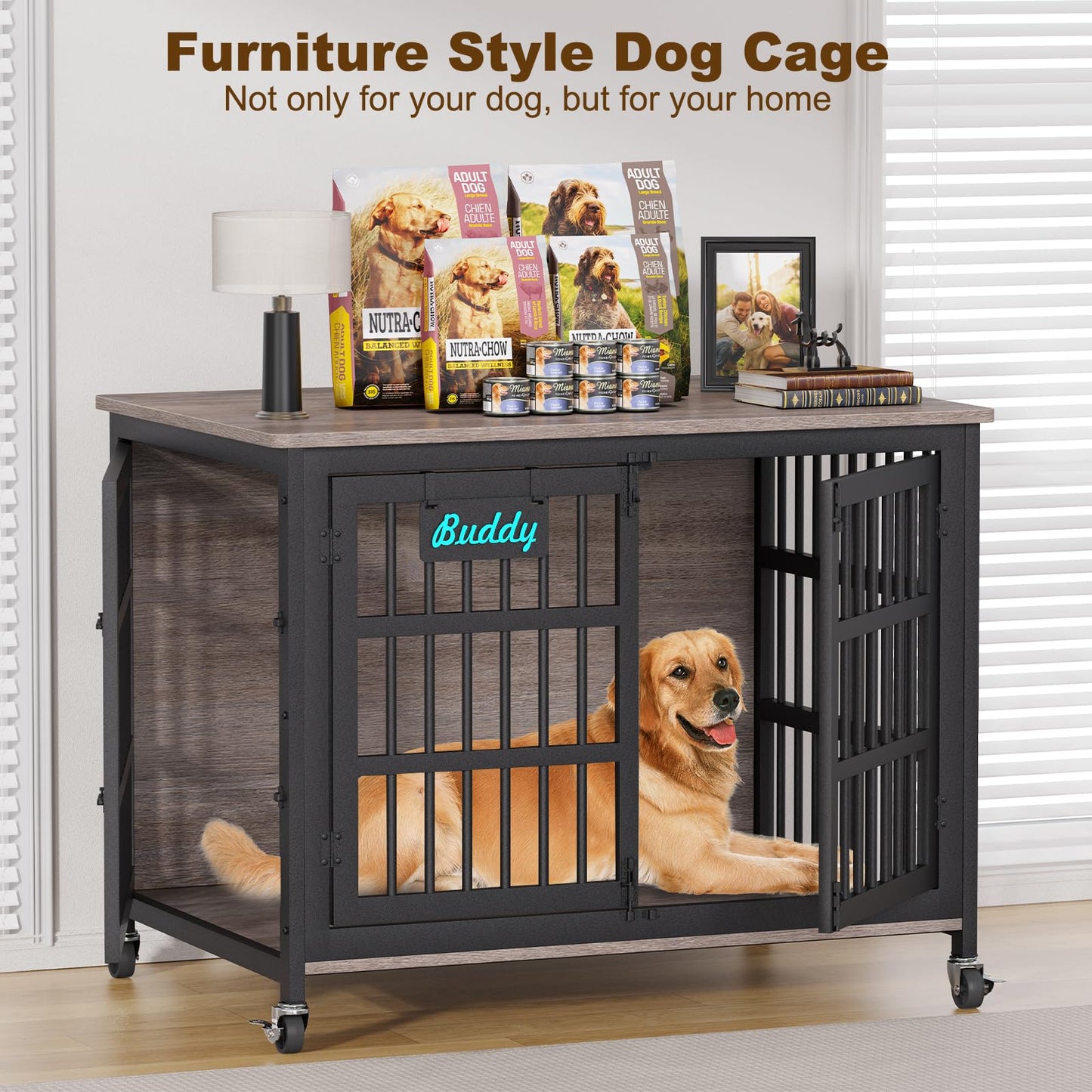 POAO 42"XL Dog Crate Furniture with Casters, Heavy Duty Dog Kennel Indoor for Large Dogs,Double-Doors Sturdy Dog Cage for Anxiety Dog,End Table
