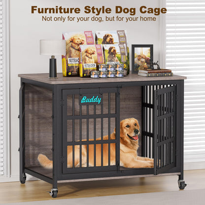 POAO 42"XL Dog Crate Furniture with Casters, Heavy Duty Dog Kennel Indoor for Large Dogs,Double-Doors Sturdy Dog Cage for Anxiety Dog,End Table