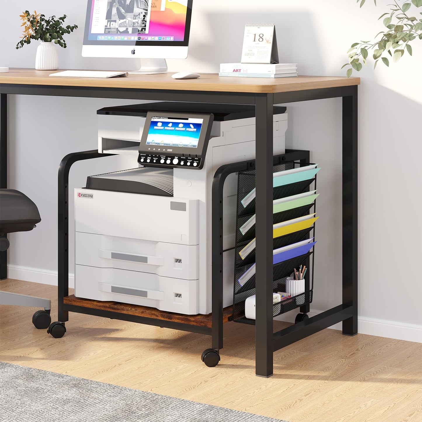 POAO Large Printer Stand with Hanging File Holder Organizer,Adjustable Height Shelf with Wheels,Under Desk Table with Storage for Home Office,Brown