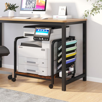 POAO Large Printer Stand with Hanging File Holder Organizer,Adjustable Height Shelf with Wheels,Under Desk Table with Storage for Home Office,Brown
