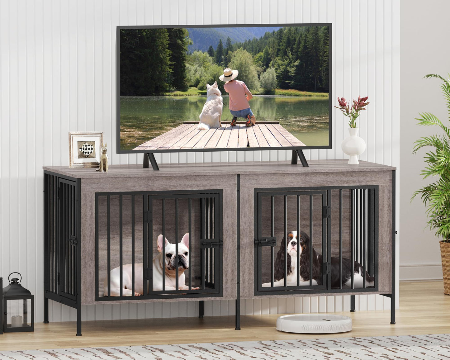 POAO 55.12"L Dog Crate Furniture for 2 Dogs,Heavy Duty Double Dog Crates for Small Dogs(0-20 Pounds),Dog Kennel Furniture Indoor as TV Stand,Oak Grey