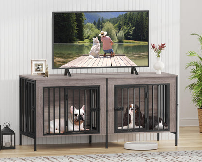 POAO 55.12"L Dog Crate Furniture for 2 Dogs,Heavy Duty Double Dog Crates for Small Dogs(0-20 Pounds),Dog Kennel Furniture Indoor as TV Stand,Oak Grey