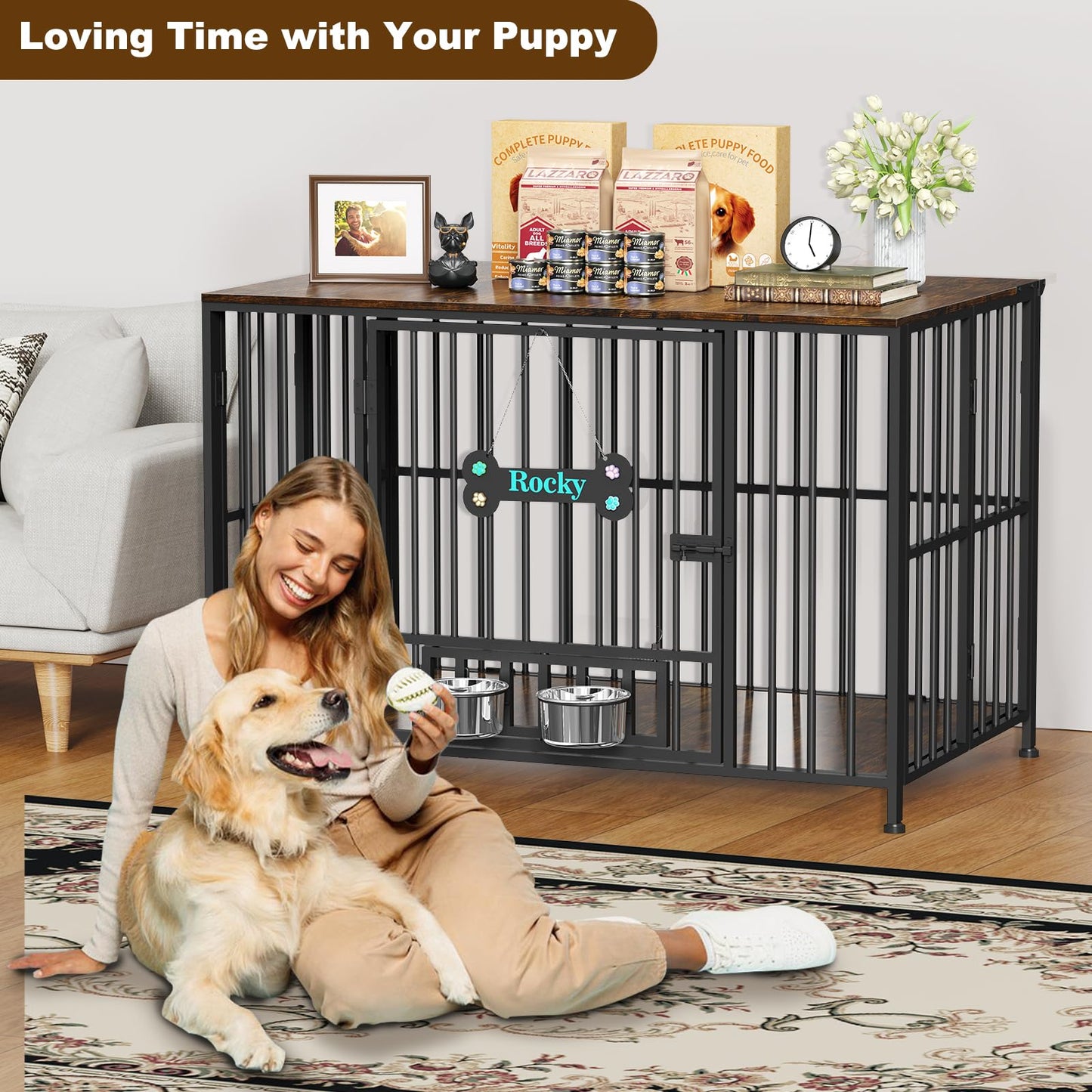 POAO 43" Dog Crate Furniture Foldable for Large Dogs (60-80 lbs), No Assembly Dog Kennel Indoor,Wooden Dog Cage with Adjustable Bowls &Name Tag