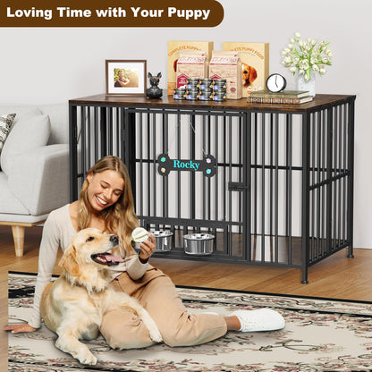 POAO 43" Dog Crate Furniture Foldable for Large Dogs (60-80 lbs), No Assembly Dog Kennel Indoor,Wooden Dog Cage with Adjustable Bowls &Name Tag