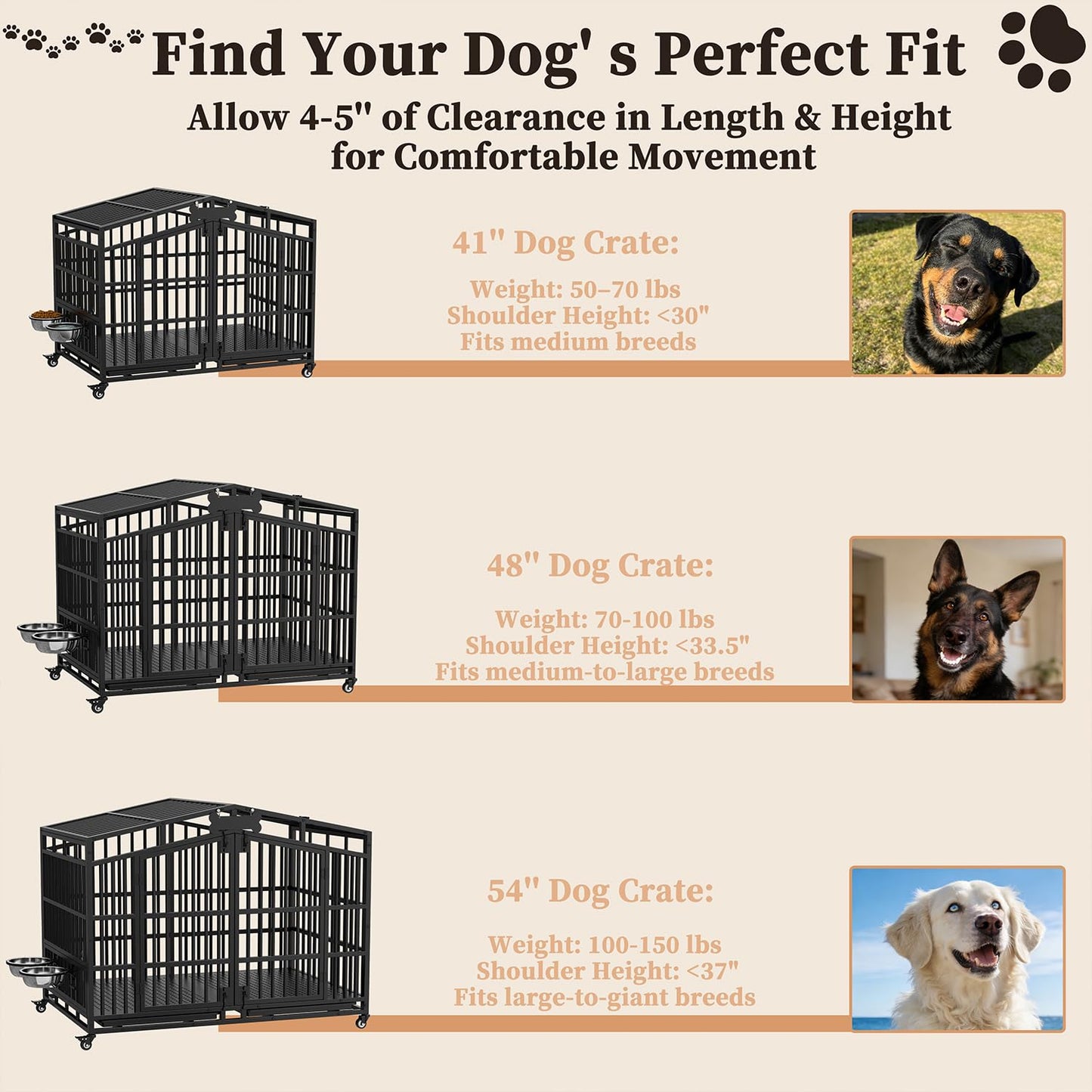 POAO 48"Heavy Duty Indestructible Dog Crate, Extra Large Metal Dog Kennel with 2 Adjustable Bowls, Open Top & Lockable Wheels, Escape Proof Indoor Cage for High Anxiety Big XL Dogs