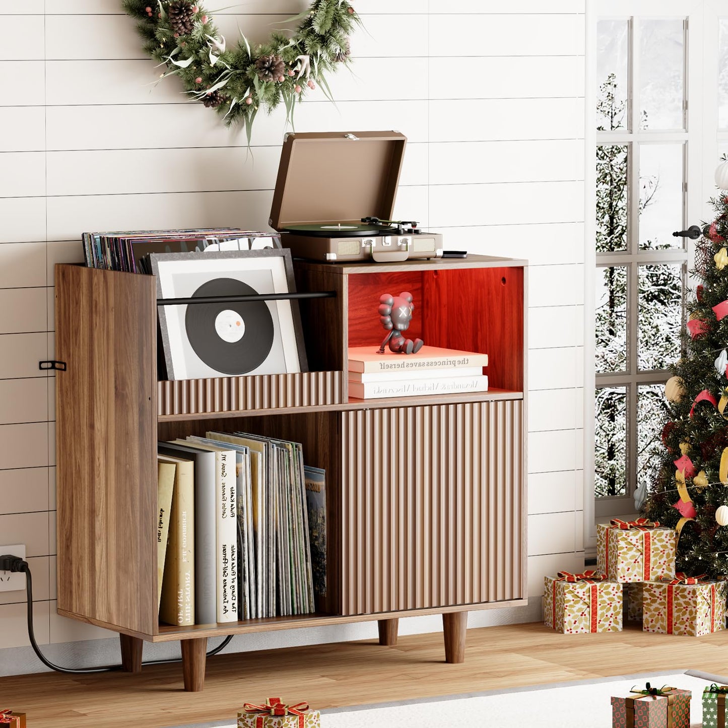 POAO 31"Record Player Stand with Power Outlets & LED Lights, Record Player Table Cabinet with Vinyl Record Storage Holds up to 300 Albums, Turntable Stand for Living Room, Bedroom