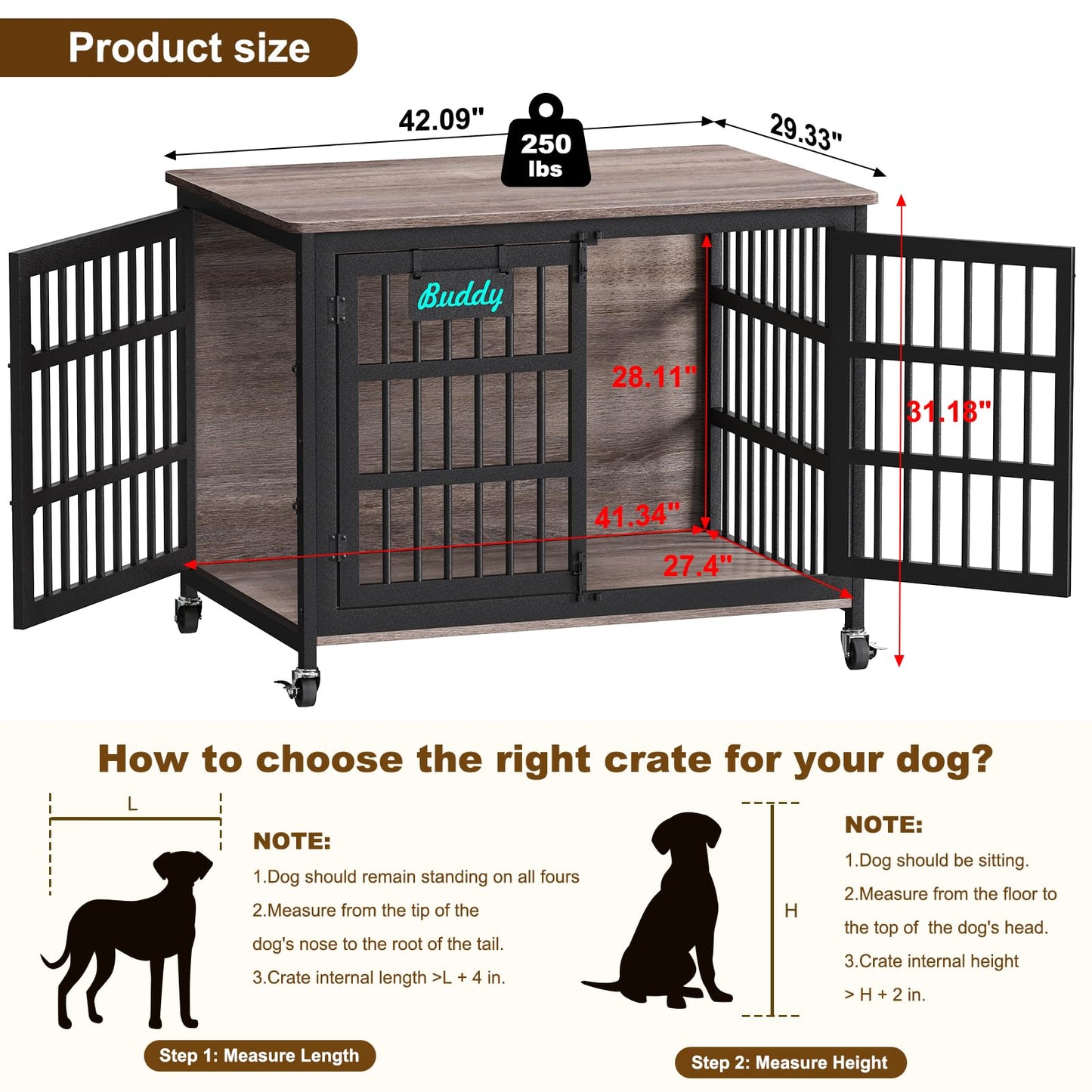 POAO 42"XL Dog Crate Furniture with Casters, Heavy Duty Dog Kennel Indoor for Large Dogs,Double-Doors Sturdy Dog Cage for Anxiety Dog,End Table
