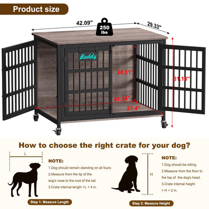 POAO 42"XL Dog Crate Furniture with Casters, Heavy Duty Dog Kennel Indoor for Large Dogs,Double-Doors Sturdy Dog Cage for Anxiety Dog,End Table