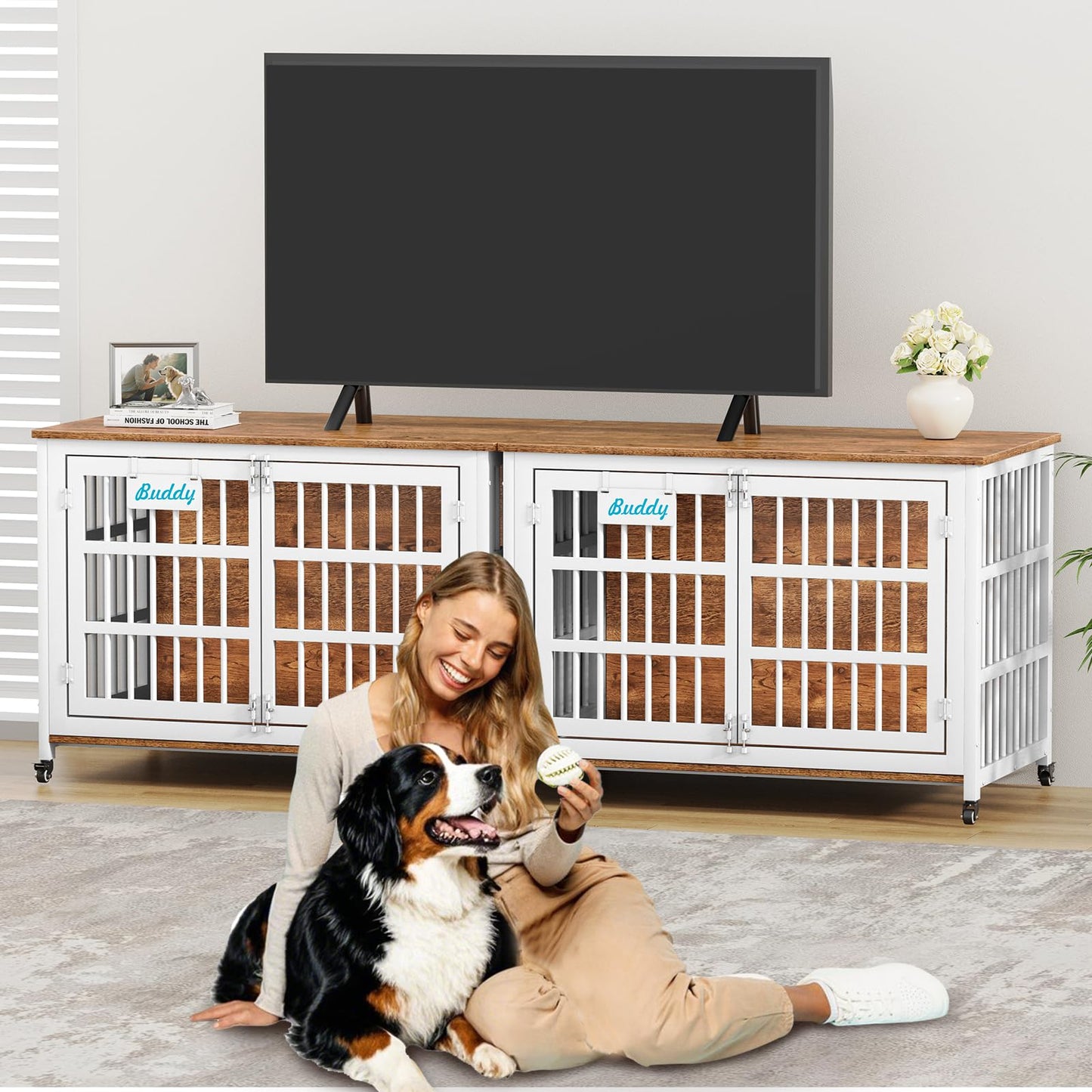 POAO 48"XXL Heavy Duty Dog Crate Furniture with Casters, Dog Kennel Indoor for Large Dogs, Escape-Proof and Chew-Proof Dog Cage for high Anxiety Dog