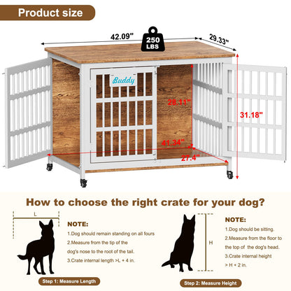 POAO 42"XL Heavy Duty Dog Crate Furniture with Casters, Dog Kennel Indoor for Large and Medium Dogs, Double-Doors Sturdy Dog Cage for Anxiety Dog