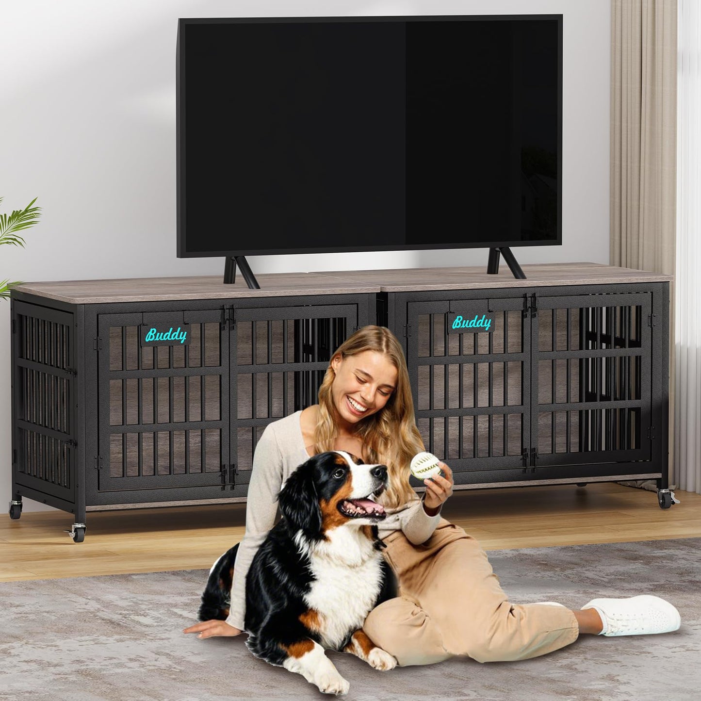 POAO 48"Dog Crate Furniture with Casters,Heavy Duty Dog Kennel Indoor for Large Dogs,Escape-Proof &Chew-Proof Dog Cage for high Anxiety Dog,End Table