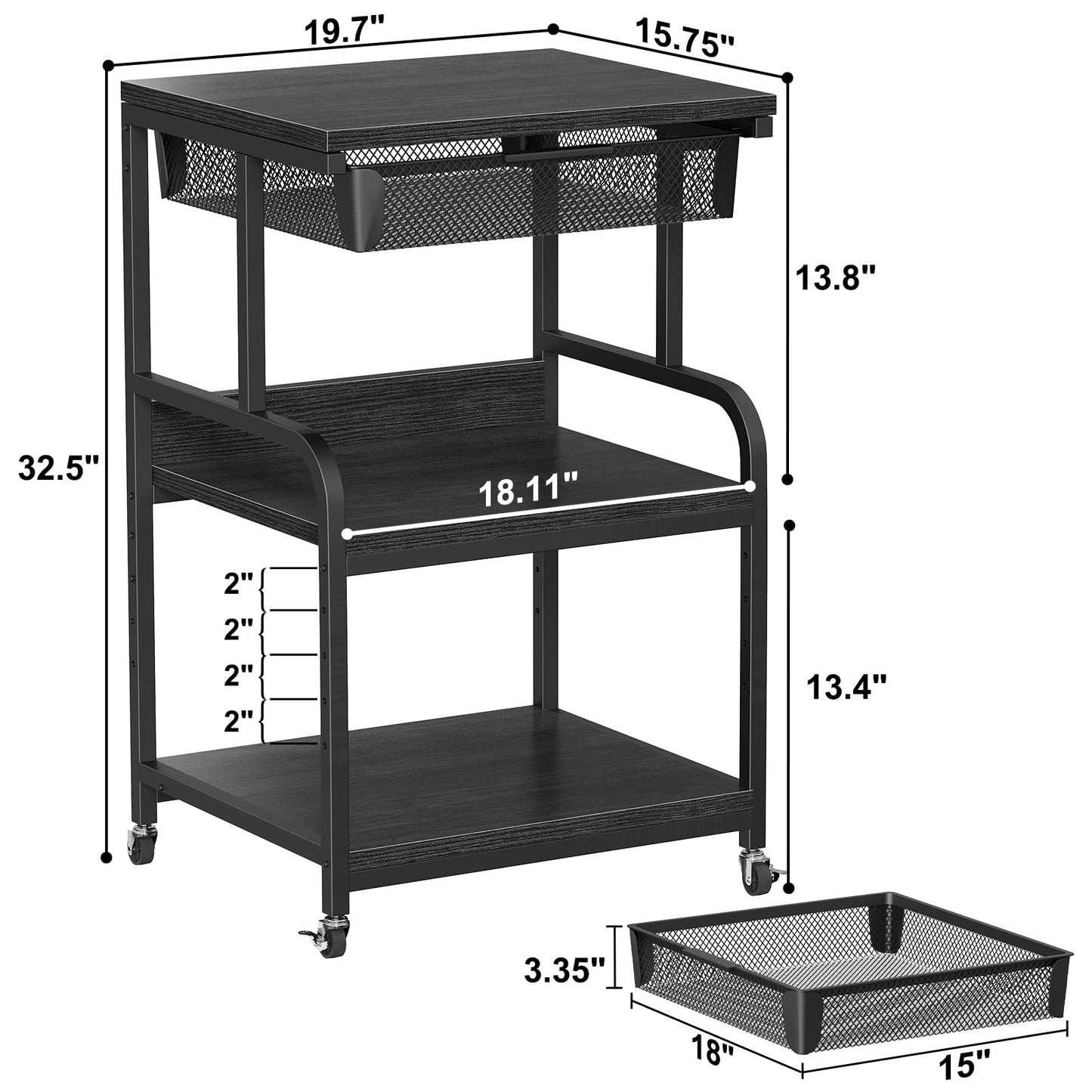 POAO Large Printer Stand with Storage Drawer,3-Tier Rolling Cart with Industrial Wheels for Desk, 5 Adjustable Shelf Mobile Printer Table,Black