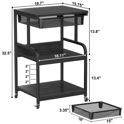 POAO Large Printer Stand with Storage Drawer,3-Tier Rolling Cart with Industrial Wheels for Desk, 5 Adjustable Shelf Mobile Printer Table,Black