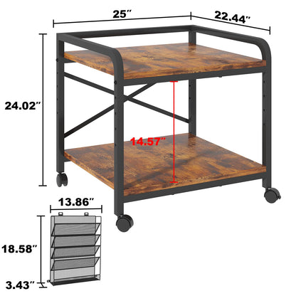 POAO Large Printer Stand with Hanging File Holder Organizer,Adjustable Height Shelf with Wheels,Under Desk Table with Storage for Home Office,Brown