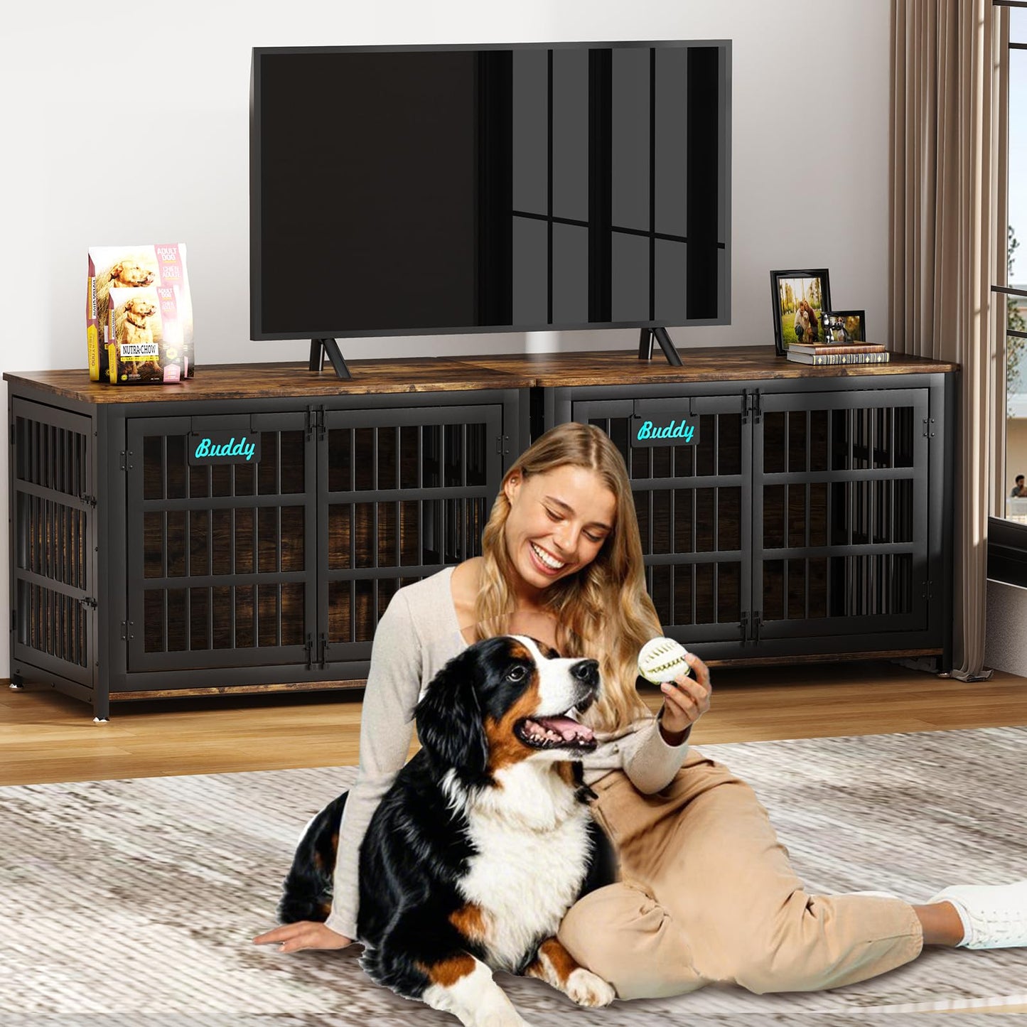 POAO 46.06"L Wooden Dog Crate Furniture,Double Doors Kennel Indoor with Name Tag,Sturdy Metal Dog Cage for Anxiety Dog for Decoration,Brown