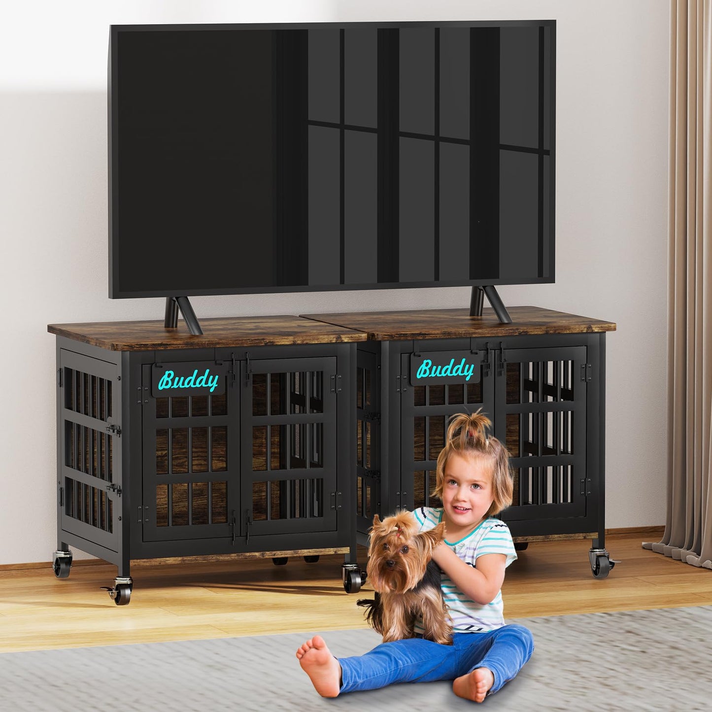 POAO 27"Dog Crate Furniture with Name Tag,Heavy Duty Dog Kennel Indoor for Small Dogs,Double-Door Sturdy Furniture Style End Table for Anxiety Dog