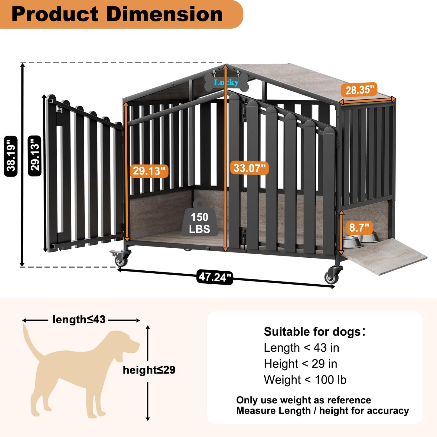 POAO 48"Heavy Duty Dog Crate Furniture for Large Dogs(Over 60lb), Dog Kennel Indoor with 360° Wheels, Dog House with Feeding Window and Name Tag