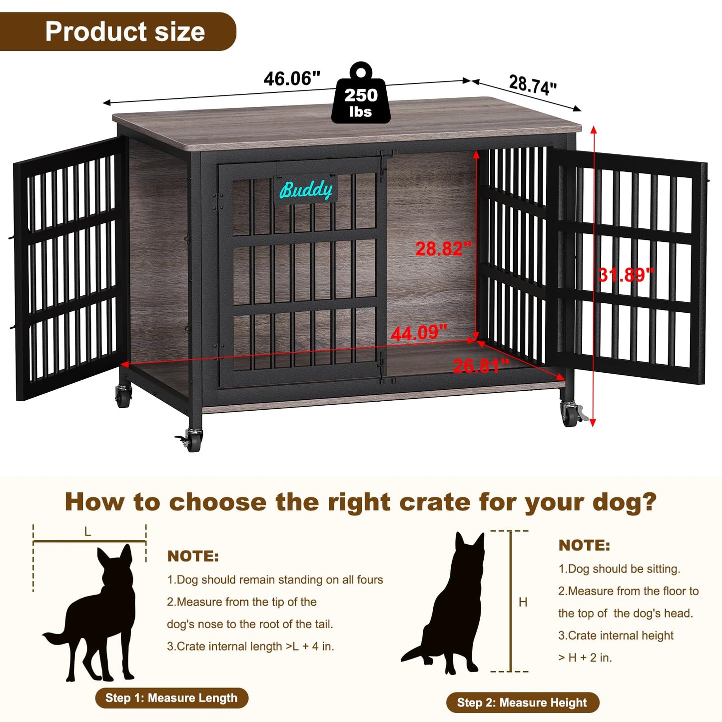 POAO 48"Dog Crate Furniture with Casters,Heavy Duty Dog Kennel Indoor for Large Dogs,Escape-Proof &Chew-Proof Dog Cage for high Anxiety Dog,End Table