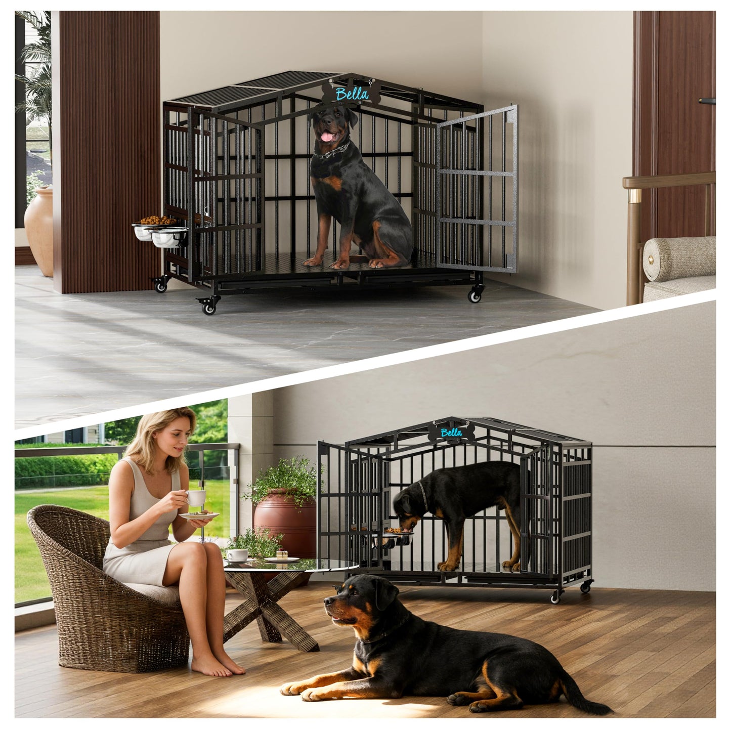 POAO 41"Heavy Duty Indestructible Dog Crate, Escape Proof Kennel for High Anxiety Large Dog, Extra Large Steel Dog Cage with Wheels