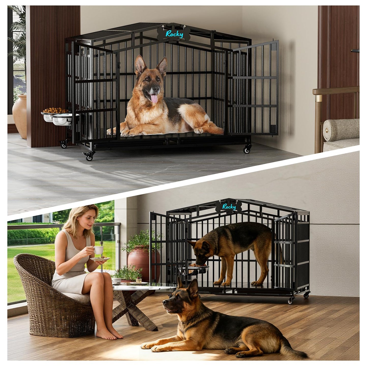 POAO 48"Heavy Duty Indestructible Dog Crate, Extra Large Metal Dog Kennel with 2 Adjustable Bowls, Open Top & Lockable Wheels, Escape Proof Indoor Cage for High Anxiety Big XL Dogs