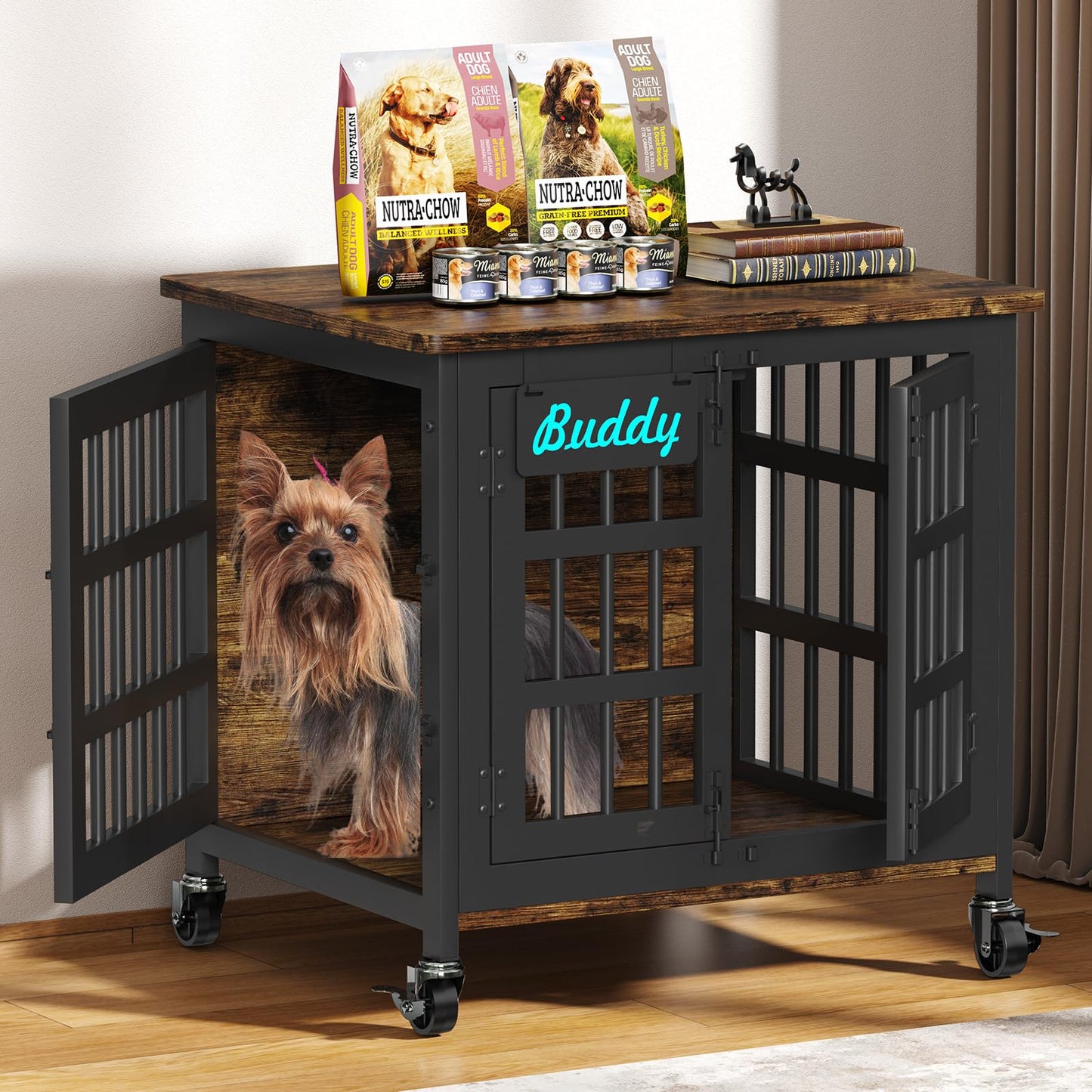 POAO 27"Dog Crate Furniture with Name Tag,Heavy Duty Dog Kennel Indoor for Small Dogs,Double-Door Sturdy Furniture Style End Table for Anxiety Dog