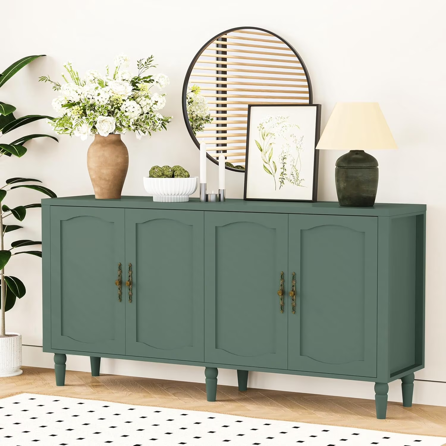 POAO 63" Sideboard Buffet Cabinet with Storage, Adjustable Shelf & 4 Doors Credenza,Mid Century Modern Sideboard for Dining Room Living Room Black