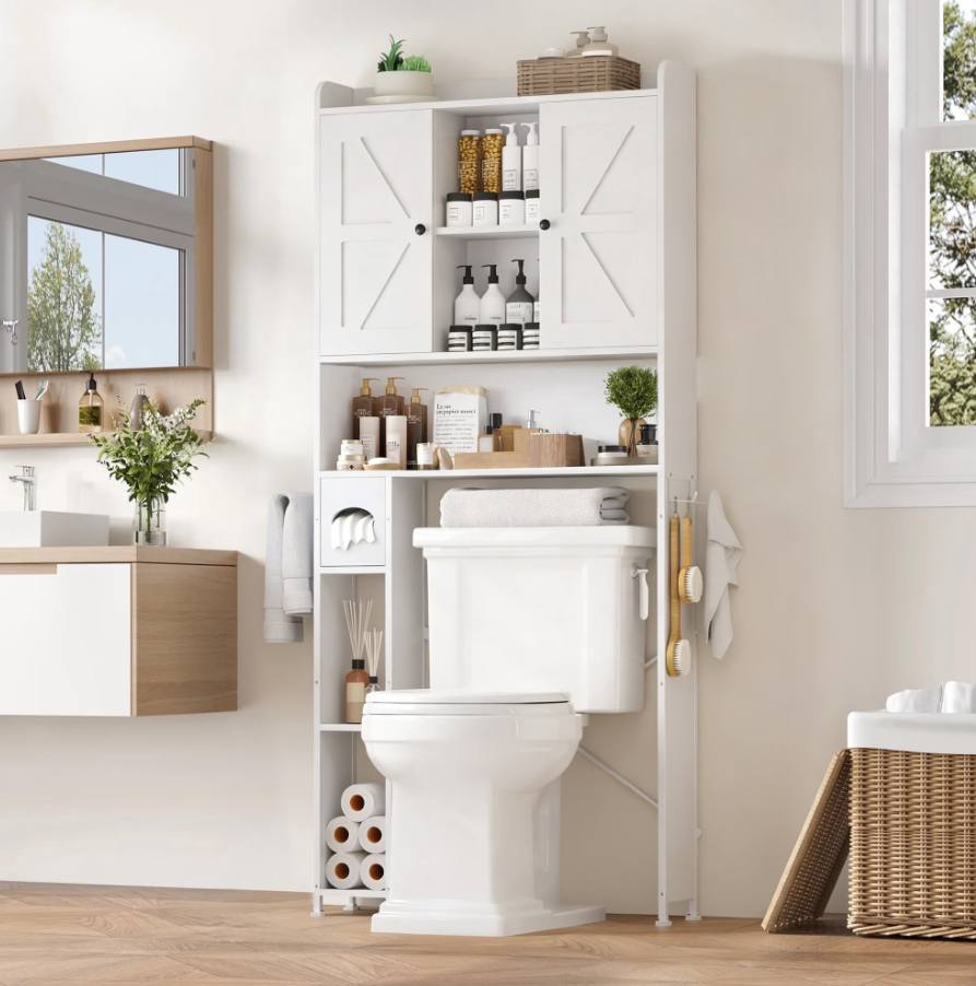 POAO 32"W Over the Toilet Storage Cabinet with Metal Frame and 7 Storage Shelves, Bathroom Organizer with Adjustable Shelves and Paper Holder, White