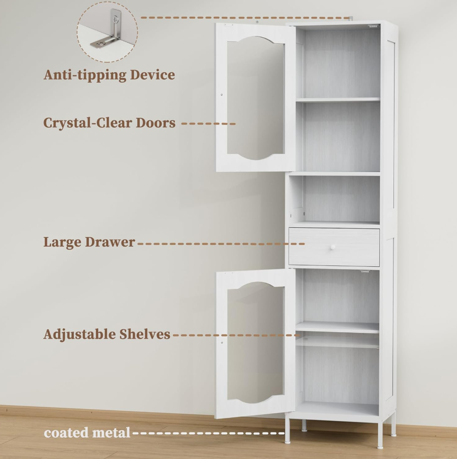 POAO 66.4" Tall Bathroom Storage Cabinet with Adjustable Shelves and Glass Doors, Anti-Tipping Narrow Cabinet, Linen Cabinet for Bathroom, Kitchen, Living Room, Cloud White