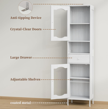 POAO 66.4" Tall Bathroom Storage Cabinet with Adjustable Shelves and Glass Doors, Anti-Tipping Narrow Cabinet, Linen Cabinet for Bathroom, Kitchen, Living Room, Cloud White