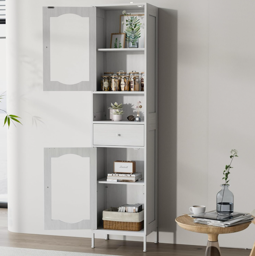 POAO 66.4" Tall Bathroom Storage Cabinet with Adjustable Shelves and Glass Doors, Anti-Tipping Narrow Cabinet, Linen Cabinet for Bathroom, Kitchen, Living Room, Cloud White