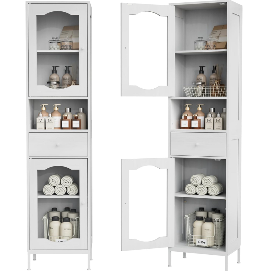 POAO 66.4" Tall Bathroom Storage Cabinet with Adjustable Shelves and Glass Doors, Anti-Tipping Narrow Cabinet, Linen Cabinet for Bathroom, Kitchen, Living Room, Cloud White